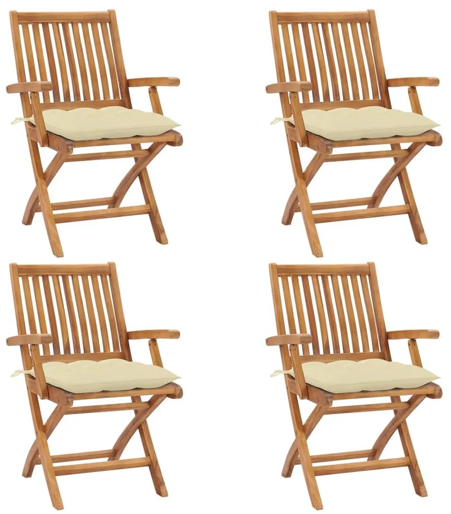 3072740 vidaXL Сгъваеми градински столове с възглавници, 4 бр, тик масив
