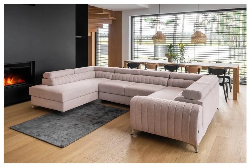 Розов разтегателен ъглов диван с място за съхранение (ляв ъгъл U форма) Louis – ELTAP