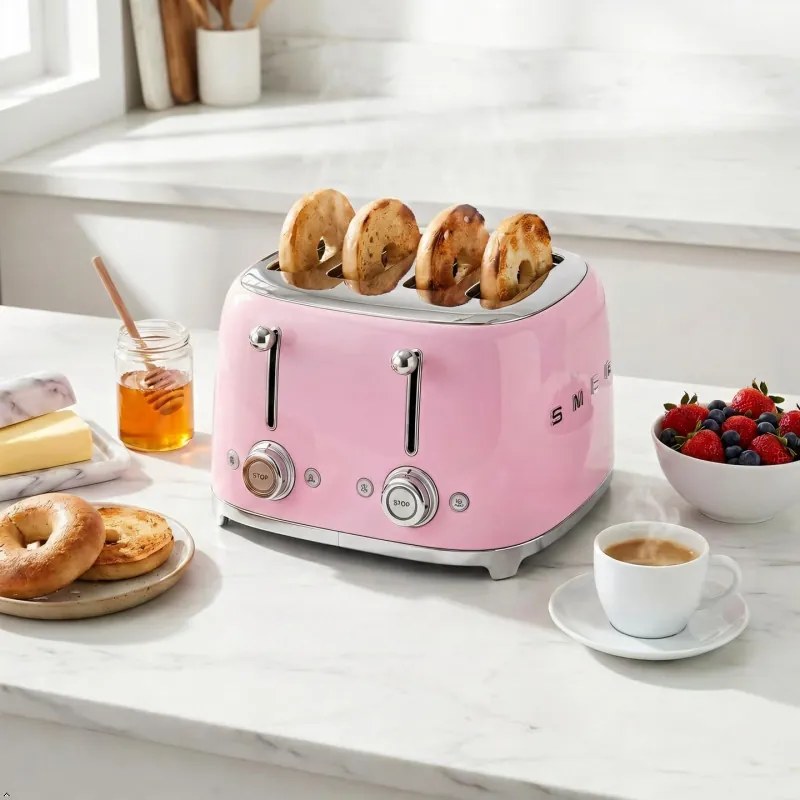 Тостер за хляб SMEG 50's Style TSF03PKEU, 2000W, 4 филии, 6 нива, Тавичка за трохи, Вграден кабел, Неръждаема стомана, Розов