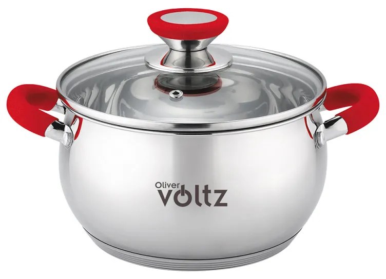 Тенджера Oliver Voltz OV51210N24, 24 см, 6 л, Индукция, Силиконови дръжки, Инокс/червен