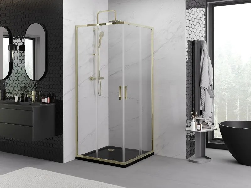 Mexen Exo-S Duo квадратна плъзгаща се душ кабина 100 x 100 см, прозрачна, златна