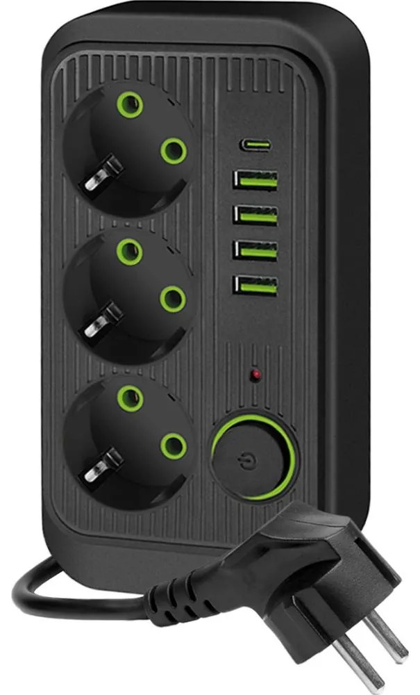 Разклонител за контакти с превключвател LINEA 3x230V + 5xUSB A/C SCHUKO 3 m черен