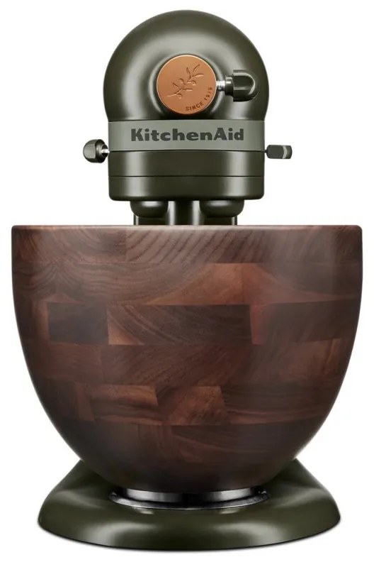 Планетарен миксер KitchenAid Artisan Evergreen 5KSM180WSEEG, 300W, 4.7 л, Direct drive, 10 скорости, Накланяща се глава, Купа от орехово дърво, Тъмнозелен/кафяв