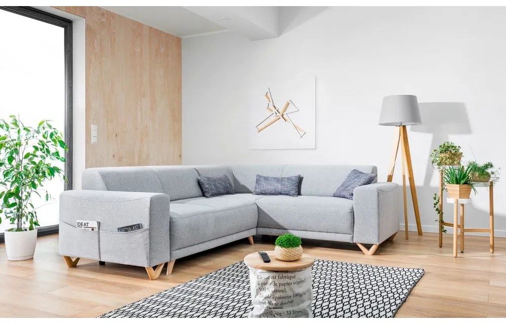 Светлосив разтегателен/с място за съхранение ъглов диван (десен ъгъл/L форма) Classy Sophie – Miuform