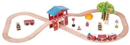 Bigjigs - Комплект дървен влак Пожарна