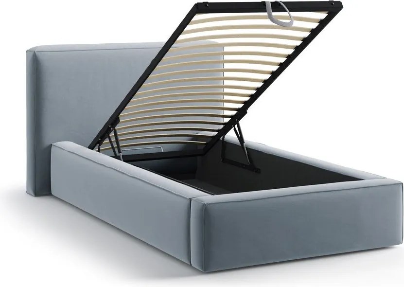Светлосиньо единично легло 90x200 cm тапицирано с място за съхранение с включена подматрачна рамка Jodie – Micadoni