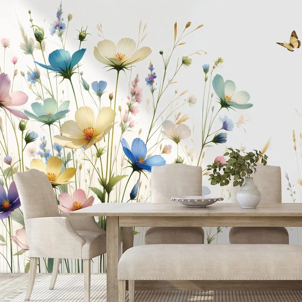 Тапет – Пастелни цветя и летящи пеперуди