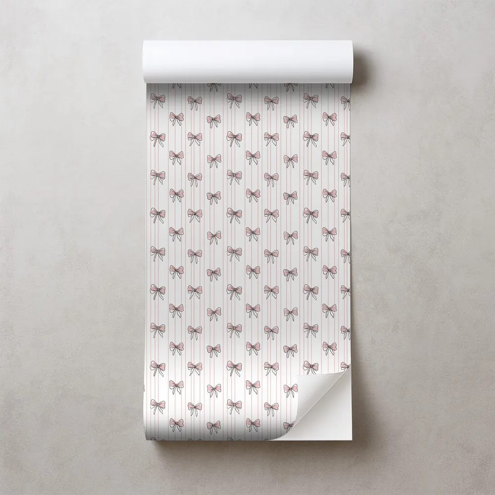 Самозалепващ тапет – Розови панделки на бял фон