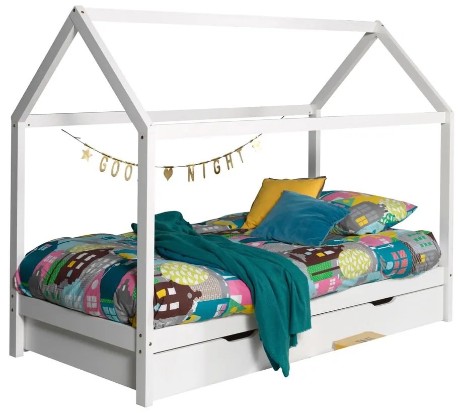 Бяло разтегателно детско легло къща от масивен бор с място за съхранение 90x200 cmDALLAS – Vipack