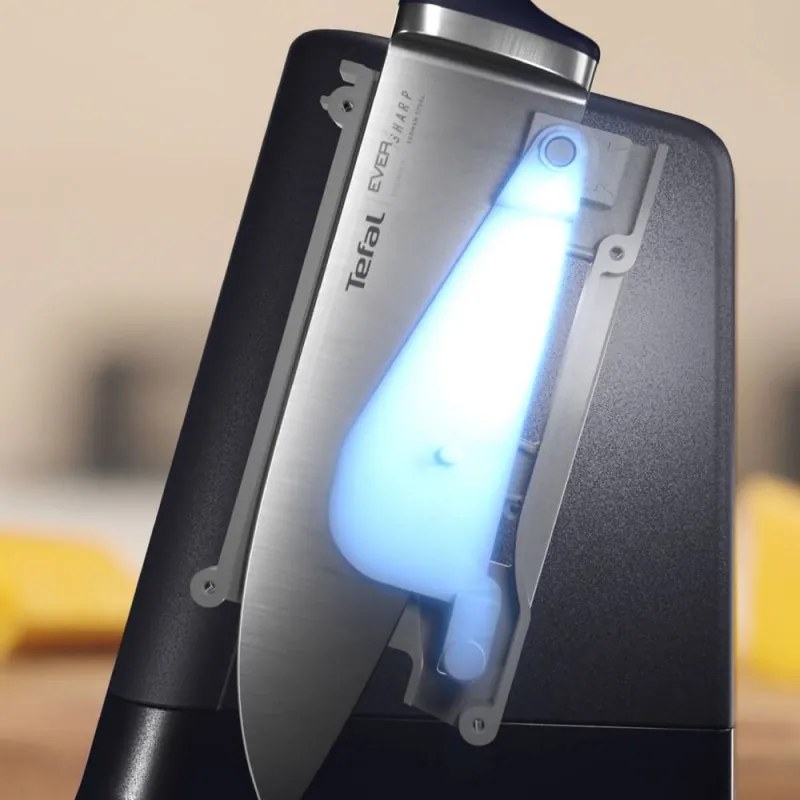 Кухненски нож Tefal K297S244, 20 см, Неръждаема стомана, Поставка с вградено точило, Предпазител за пръсти, Черен