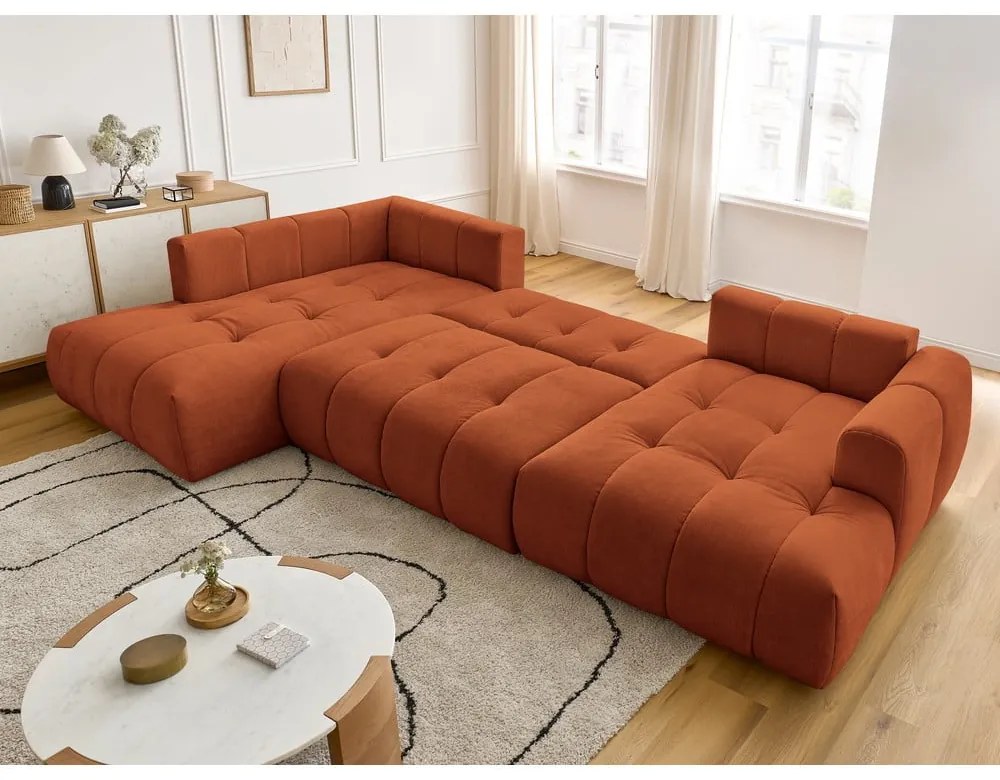 Сгъваем/с място за съхранение ъглов диван в тухлен цвят (ляв ъгъл/U форма) Fuji – Bobochic Paris