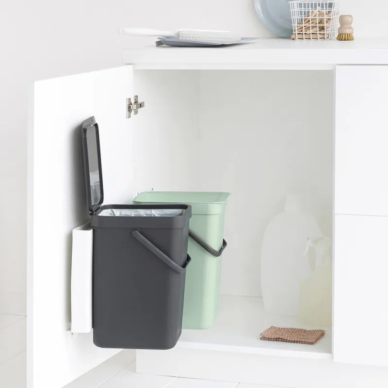 Кош за разделно събиране на боклук Brabantia Sort&Go 1005513, 2x12 л, Монтаж върху врата на кухненски шкаф, Сив/зелен