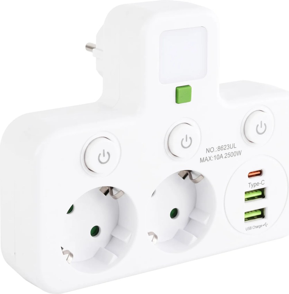 Разклонител 2 Контакта + 2x USB-A + USB-C JNH017 White