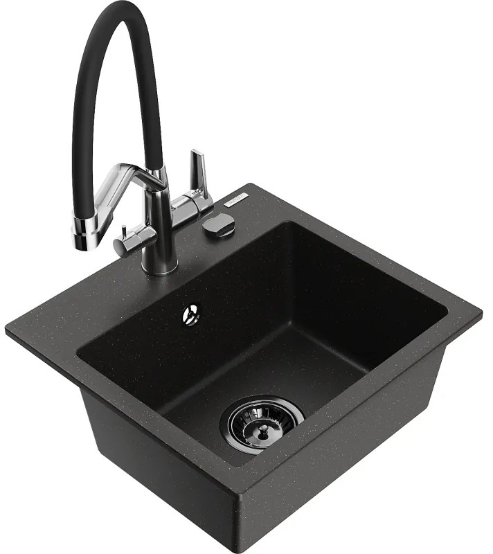 Mexen Milo гранитна мивка с 1 отделение и кухненски смесител Duo, черен/златен металик - 6505-75-671701-07-B