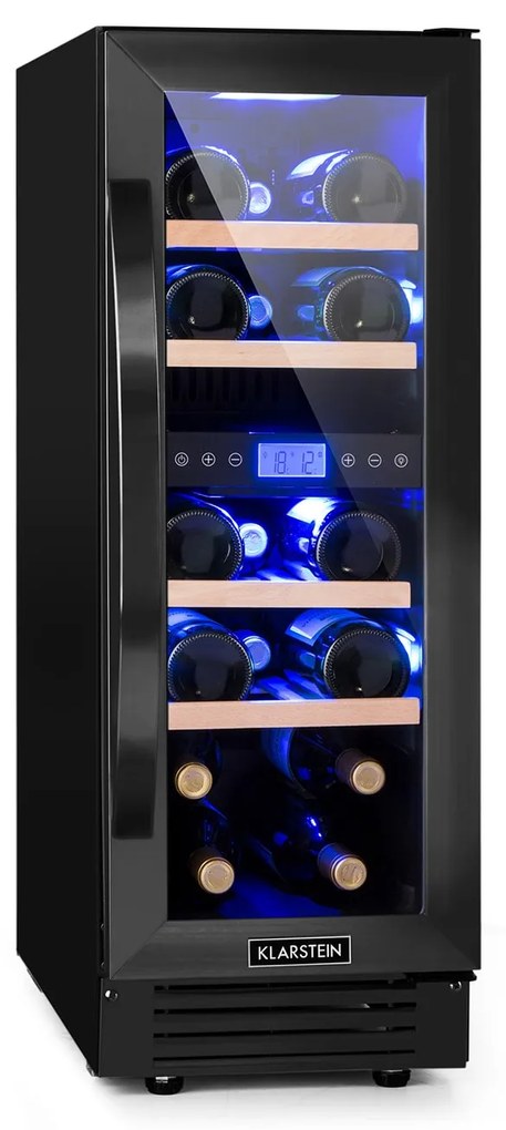 Klarstein Vinovilla 17 Built-in Duo Onyx Edition, двузонов охладител за вино, 53 л, 17 бутилки, трицветна стъклена врата