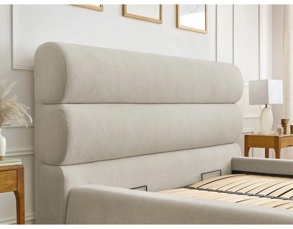 Бежово тапицирано двойно легло с място за съхранение с решетка 160x200 cm Jagna - Bobochic Paris