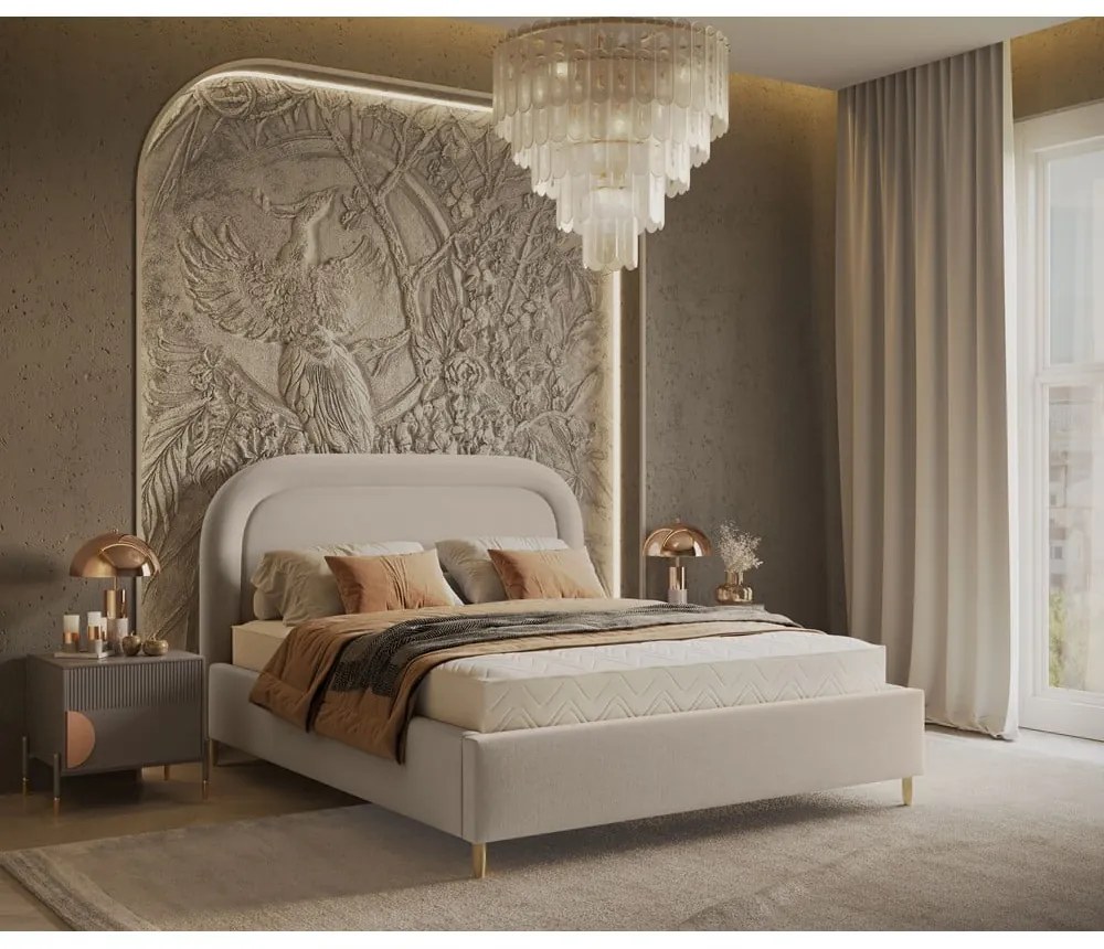 Бежово тапицирано двойно легло с място за съхранение с включена подматрачна рамка 140x200 cm Mija – Maison de Rêve