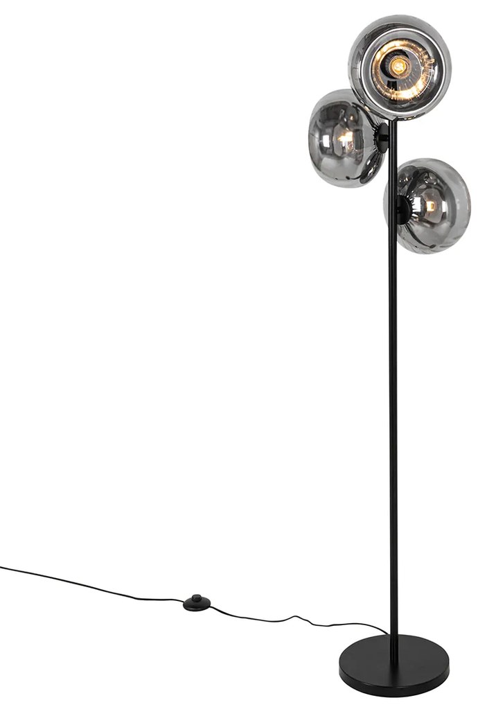 Подова лампа в стил Арт Деко черна с опушено стъкло 3-светлина - Ayesha