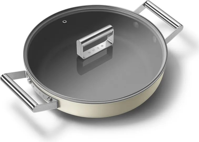 Плитка тенджера с капак Smeg DPF2812CRM, 28 см, 4.3 л, Керамично незалепващо покритие, Фурна до 250C, Без PFAS, Индукция, Крема