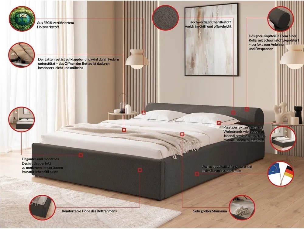 Тъмносиво тапицирано двойно легло с място за съхранение и включена подматрачна рамка 200x200 cm Cille – Ropez