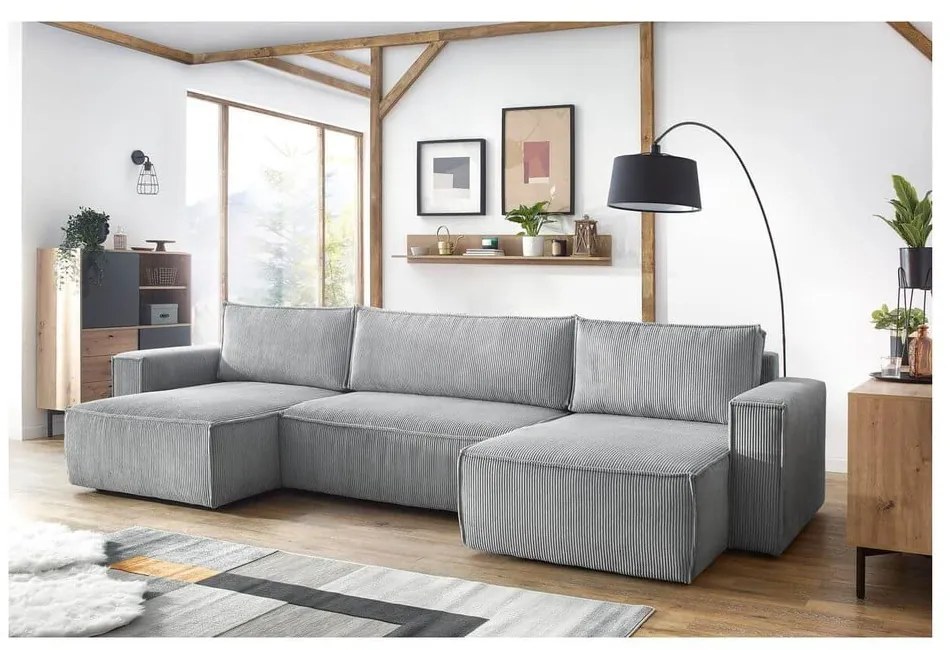 Светлосив велурен U-образен разтегателен диван Nihad - Bobochic Paris