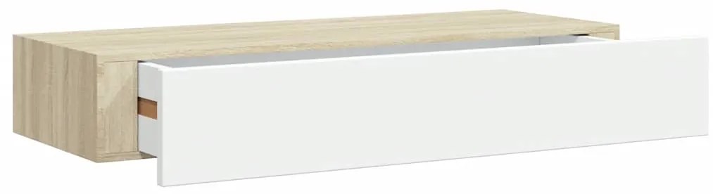 330263 vidaXL Стенен рафт с чекмедже, дъб и бял, 60x23,5x10 см, МДФ
