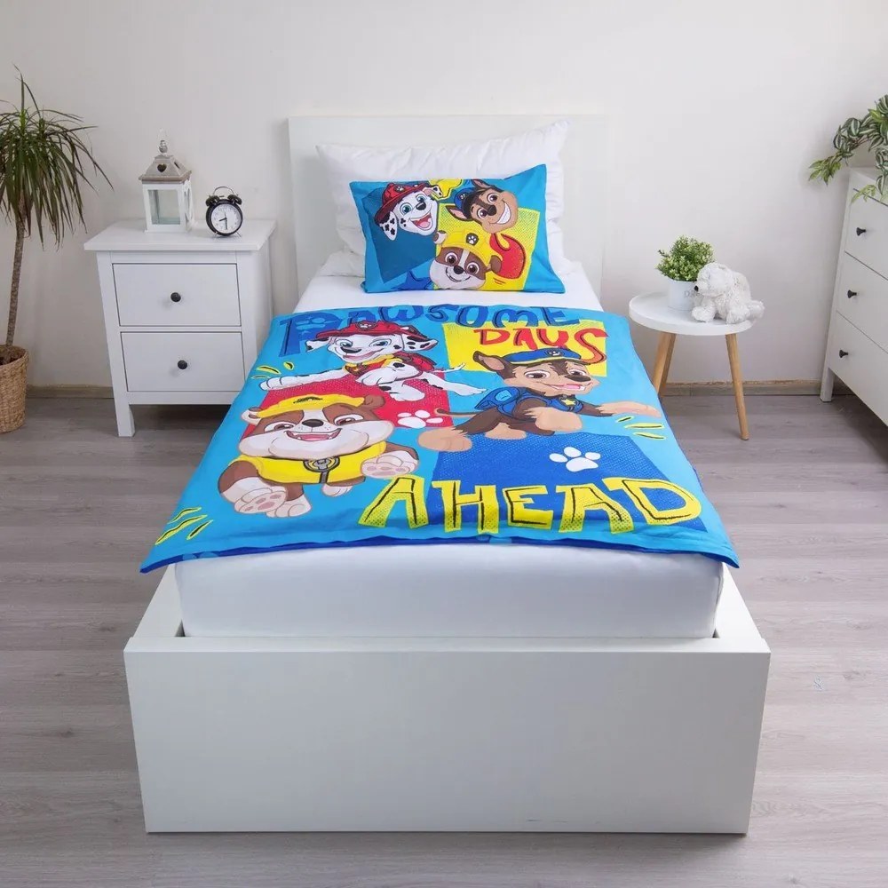 Синьо памучно детско спално бельо за детско креватче 100x135 cm Paw Patrol "Pawsome days ahead" – Jerry Fabrics
