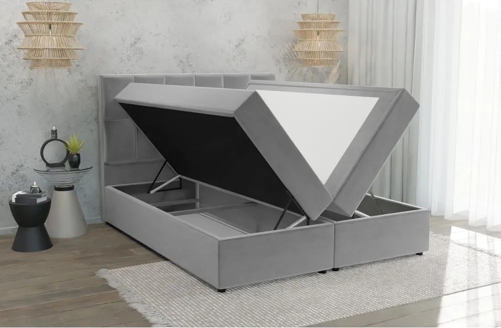 Светлосиво боксспринг легло 140x200 cm с място за съхранение Flip – Ropez