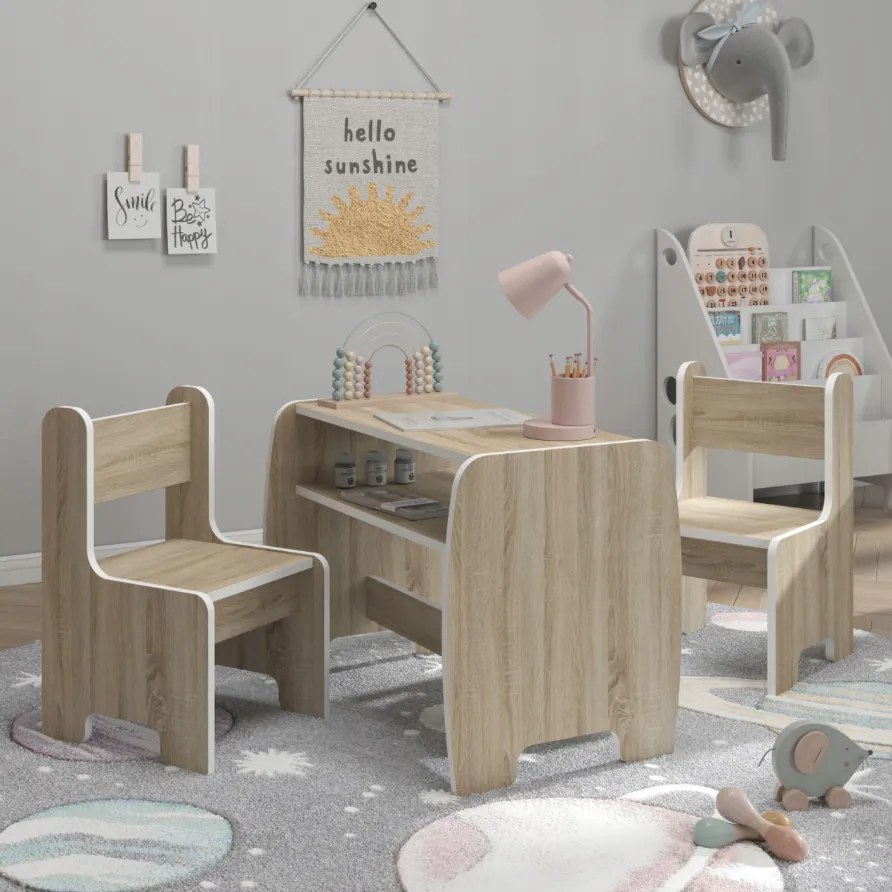 Детски комплект маса и 2 стола с рафт за съхранение - sonoma