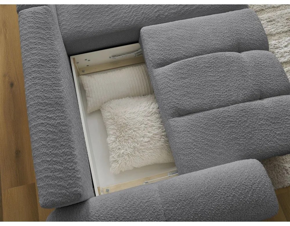 Сив разтегателен ъглов диван с място за съхранение от букле (десен ъгъл) Roxelane – Bobochic Paris