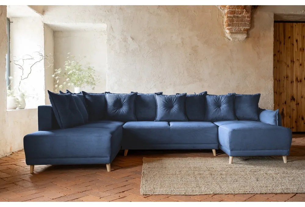 Тъмносин ъглов разтегателен диван от велур (ляв ъгъл/"U") Lazy Lukka - Miuform