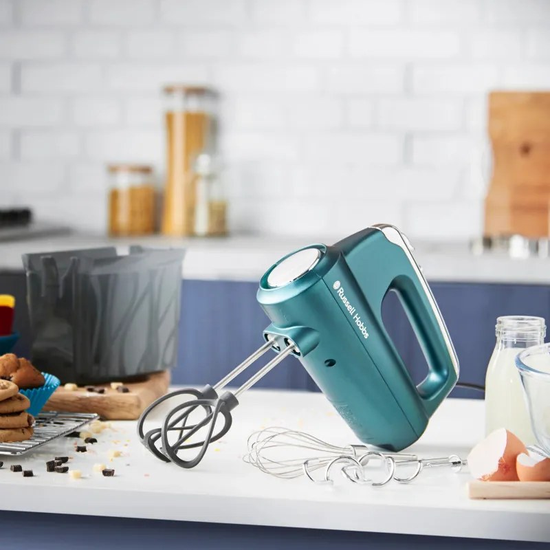 Ръчен миксер Russell Hobbs Swirl 25891-56, 350W, 5 скорости, Турбо, Бутон за приставки, High Performance Helix Beater, Без BPA, Тюркоаз