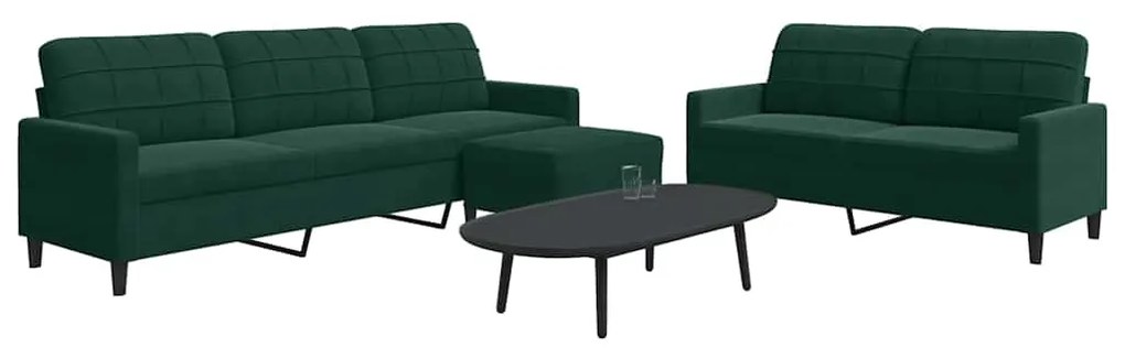 3278483 vidaXL Комплект дивани от 3 части с възглавници, тъмнозелен, кадифе