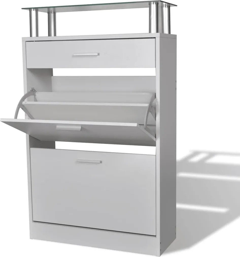 241244 vidaXL Шкаф за обувки с чекмедже и горен стъклен плот, дърво, бял