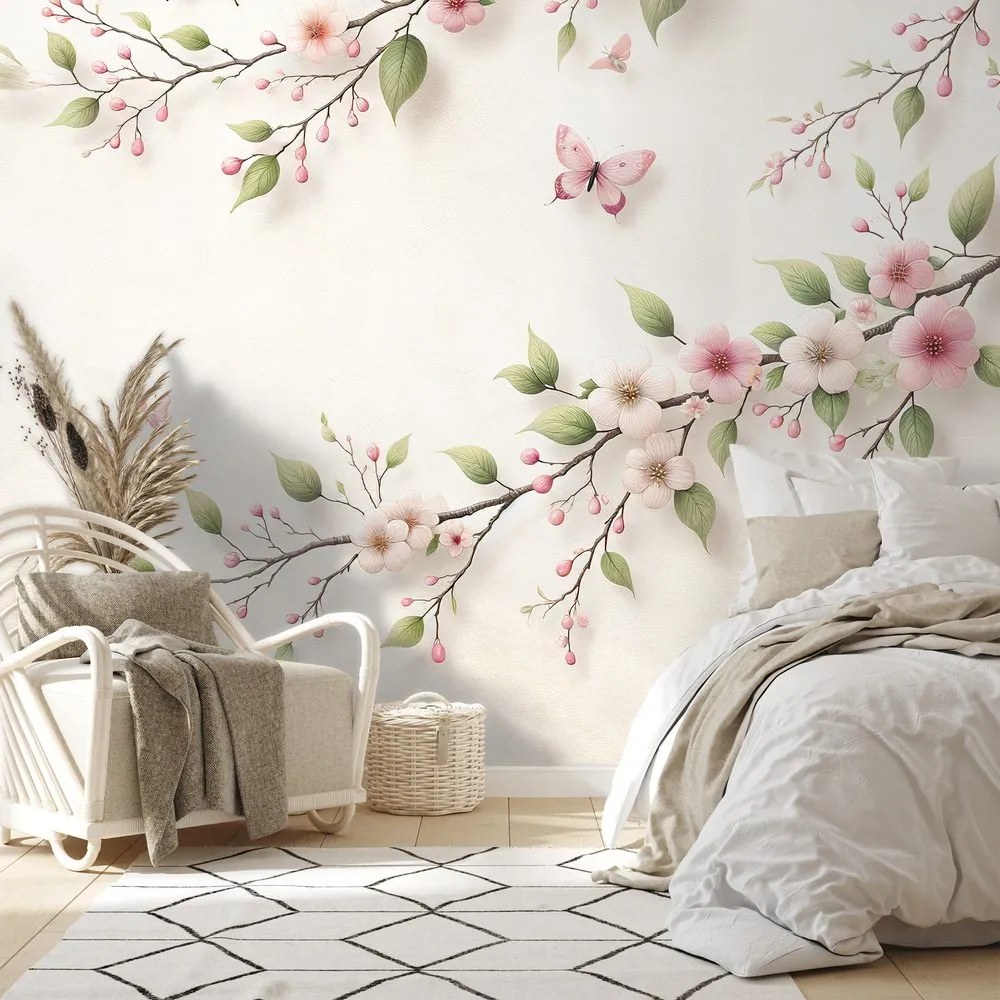 Самозалепващ фототапет – Нежни розови цветя и пеперуди