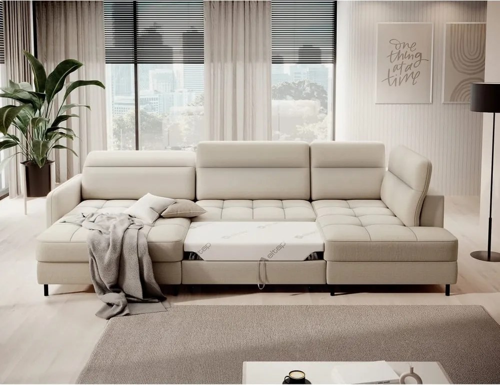 Бежов кадифен разтегателен ъглов диван с място за съхранение (десен ъгъл U форма) Berrto – ELTAP