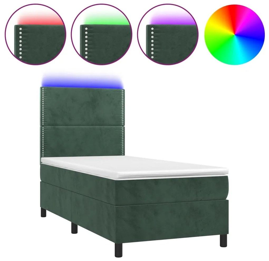 3136044 vidaXL Боксспринг легло с матрак и LED, тъмнозелено, 90x200 см, кадифе