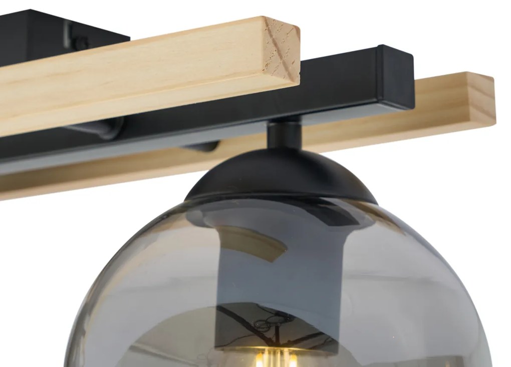 Модерна таванна лампа черна с дърво и димно стъкло 3-лампи - Aleks