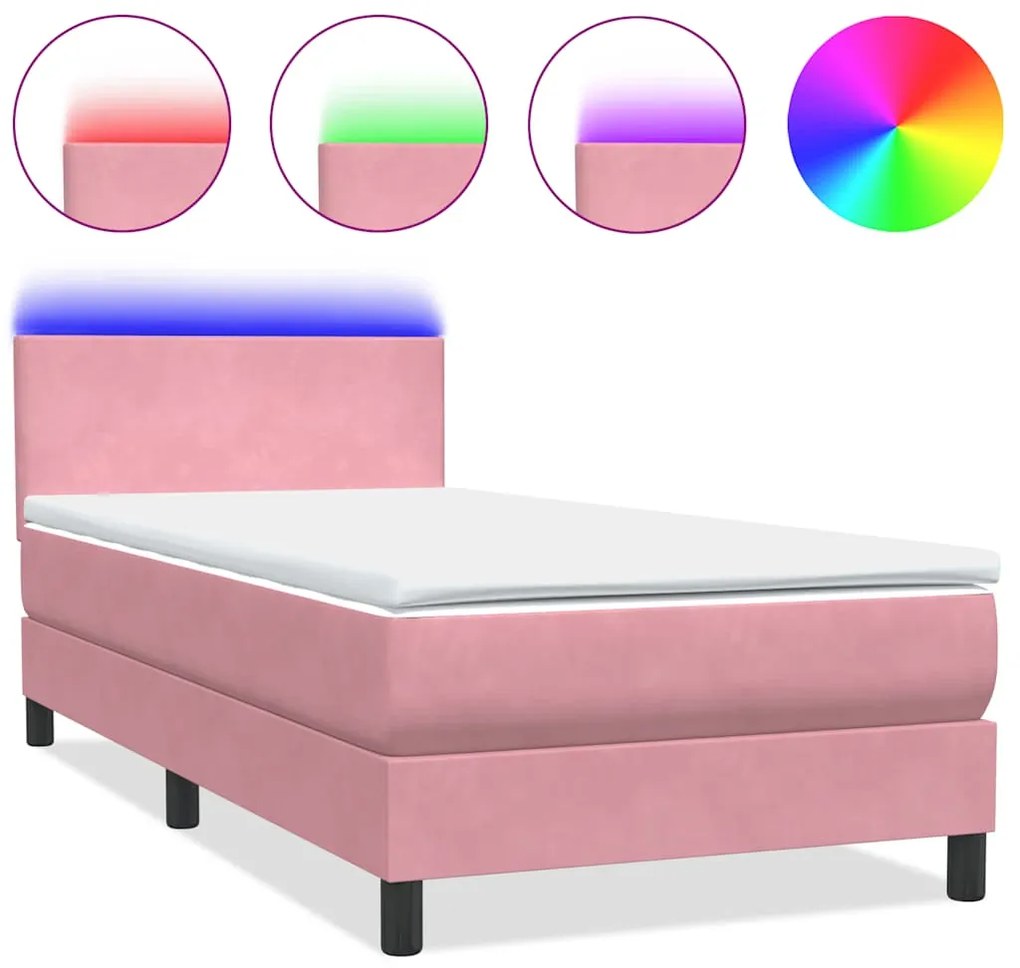 3316682 vidaXL Боксспринг легло с матрак и LED, розово, 100x210 см, кадифе