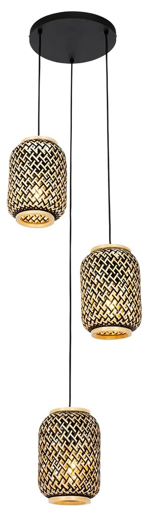 Ориенталски висящ аплик бамбук с черен цвят 3 лампи - Yvonne