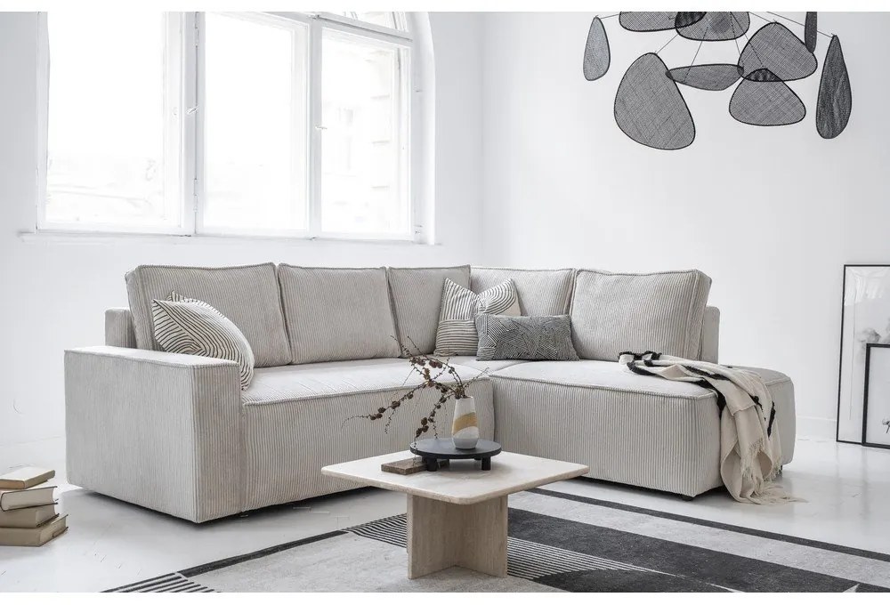 Бял разтегателен ъглов диван от рипсено кадифе (десен ъгъл) Brave Dave – Miuform