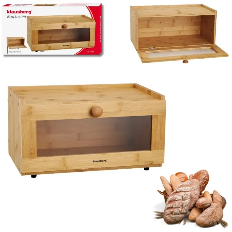 Кутия за хляб Klausberg KB 7924, 40 см, Акрилна предна част, Бамбук, Кафяв