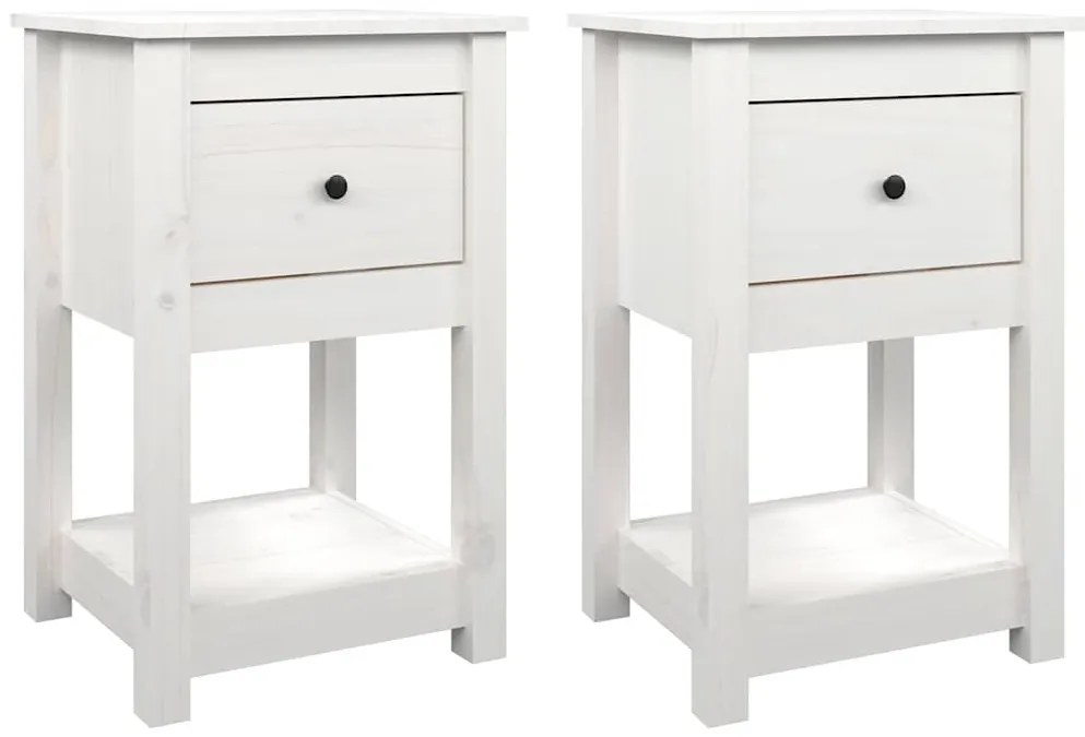821732 vidaXL Нощни шкафчета, 2 бр, бели, 40x35x61,5 см, борово дърво масив