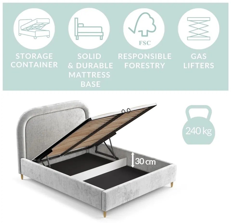 Светлосиво тапицирано двойно легло с място за съхранение с включена подматрачна рамка 180x200 cm Mija – Maison de Rêve