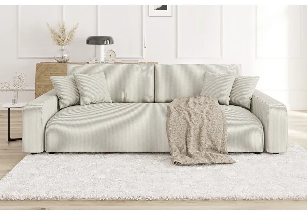 Кремав разтегателен диван с място за съхранение от рипсено кадифе 234 cm Sara – Ropez