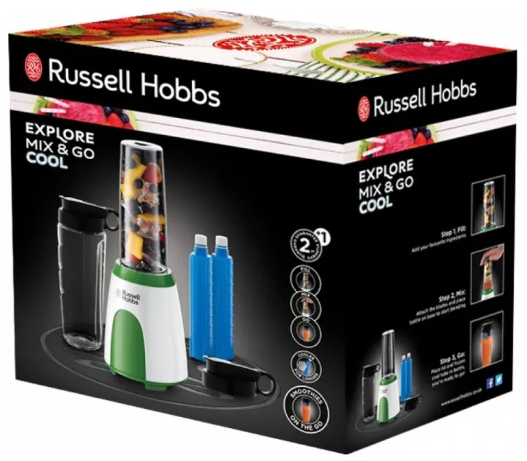 Блендер Russell Hobbs Explore Mix & Go Cool 25160-56, 300 W, 600 мл, Без BPA, Неръждаема стомана, Ергономичен дизайн, Бял/зелен