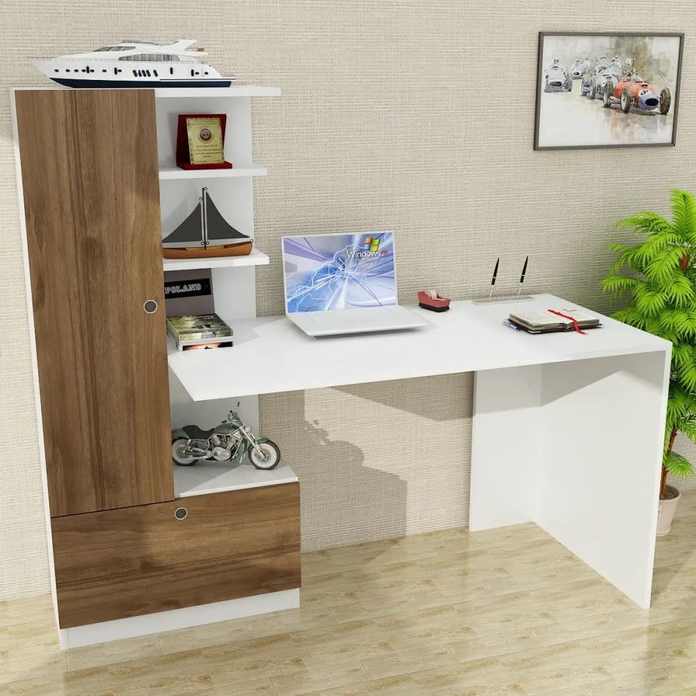 Бяло работно бюро с шкаф за книги от орехово дърво Domingos - Furny Home