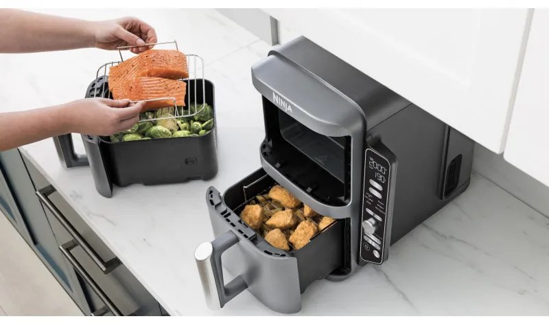 Двоен фритюрник с горещ въздух Ninja SL400EU, 2470W, 9.5 л, 2 кошници, 6 програми, Max Crisp, Функции Sync и Match, Сив