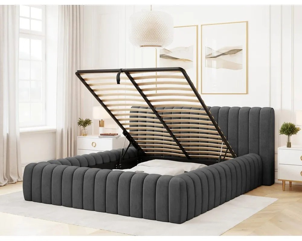 Тъмносиво двойно легло 140x200 cm тапицирано с място за съхранение с включена подматрачна рамка Carilla – ELTAP