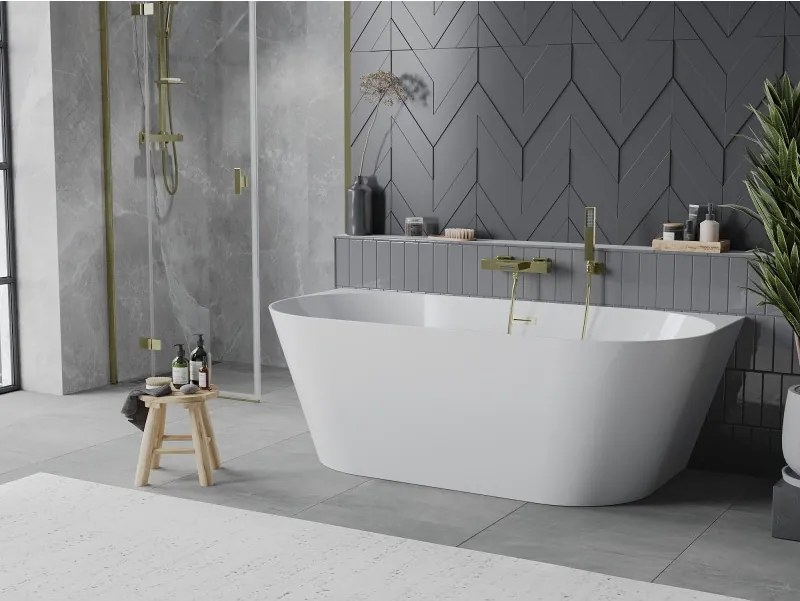 Mexen Oval Slim свободно стояща вана срещу стена 170 x 80 см, бяла, преливник златист четков - 52661708000-55